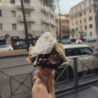 Small cone (2,5€) with 3 flavours and vegan whipped cream at Gelateria Marinari in Rome