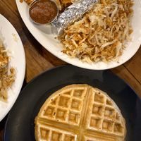 Vigas and belgian waffle  at Seven Mile Cafe in Fort Worth