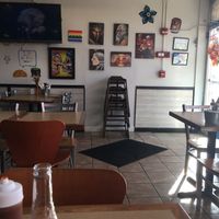 Front door, decor, artwork (some for sale) at Sabor de mi Tierra Mexican Grill in Stone Park