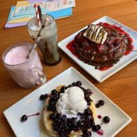 Vegan soy shake and vegan pancakes with vg ice cream  at The Original Pancake Kitchen in Adelaide