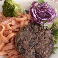 Kids option, rice noodles with sauce and bean burger with salad  at Raiz in Aveiro