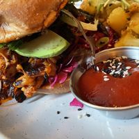 My husband really enjoyed his bean burger and homemade ketchup.   at Revelstoke in Peterborough