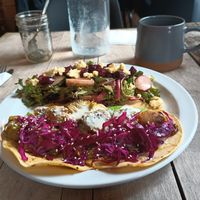Charred Brussel Sprout Tacos w guac, slaw & lime crema - daily special - upgraded the side salad from garden house salad to beet salad at Revelstoke in Peterborough