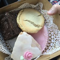 chocolate brownie, marzipan sugar cookie, and a slice of strawberry & vanilla cornmeal cake  at Sweet Maresa's in Kingston