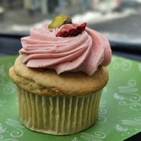 Pistachio cupcake with strawberry frosting at Sweet Maresa's in Kingston