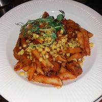 Pasta and meat balls/chopped sausage and vegan cheese at Siar Restaurant at The Ellison in Castlebar