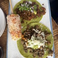 “Beef” on the left and “Chorizo” on the right with the vegan elotes corn which was soooo good, but get a knife to cut it off the cob  at Senoritas Cantina in Chicago