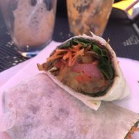 Lentil pattie and salad wrap (and empty juice glasses!)  at Lush Juice 'n Coffee Bar in Blackburn