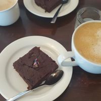Brownie and latte at Hey Lucie! in Uppsala