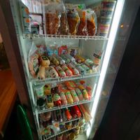 Fridge with vegan food stuff at Ananda Cafe in St Petersburg