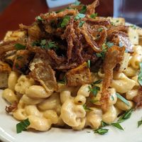 Mac n cheeze with side of marinated tofu at Manna Kitchen in Lisle