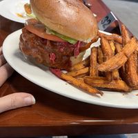 Crispy BBQ chickn seitan with sweet potato friess  at Manna Kitchen in Lisle