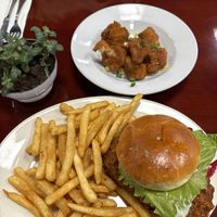 Spicy buffalo chicken sandwich & sweet chili cauliflower!   at Manna Kitchen in Lisle
