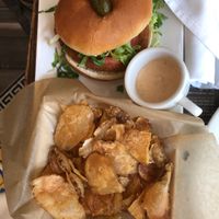 Vegan Chicken sandwich and chips  at Busboys and Poets - Mount Vernon Triangle in Washington