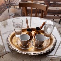 Turkish coffee whilst awaiting brekkie at Kawon once upon a time in Madaba
