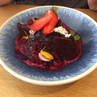 A starter with beetroot, strawberries and vegan ricotta  at the friendly kitchen in Paris