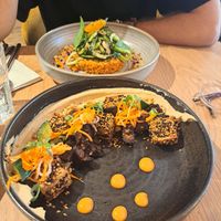 Mains: miso aubergine tofu on a bed of peanut hummus + risotto at the friendly kitchen in Paris