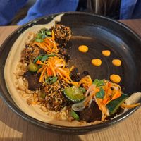 Miso aubergine tofu with peanut hummus at the friendly kitchen in Paris