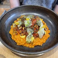 Bell pepper risotto with chipotle walnut crumble  at the friendly kitchen in Paris