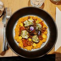  Red bell pepper & fregola sarda risotto

Sun dried tomatoes tapenade, saffron mayonnaise, smoked chipotle walnut crumble, fennel and parsley oil, zucchinis and mustard seeds pic at the friendly kitchen in Paris