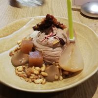 Chocolate ganache with pear (and a candle!) at the friendly kitchen in Paris