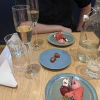The dessert and champagne at the end of the Menu Découverte (winter menu).  at the friendly kitchen in Paris