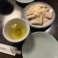 Kuzumochi on the right, rice cake with brown sugar syrup and soybean flour. Green teas on the left. 660¥  at Takemura in Tokyo
