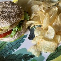 Vegan burger / Protein 
(Mushroom. Quinoa and Chickpea burger + lettuce + tomato + avocado + vegan cheese + hemp seeds)  at Casa Verde in Tenerife