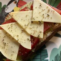 Whole grain and pumpkin spelt toast with ...  tomato + avocado + vegan cheese + oregano
﻿﻿﻿tahini cream + apple + agave sirup + black sesame, chickpeas hummus + carrot + sesa at Casa Verde in Tenerife