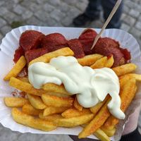 Currywurst Pommes with vegan Mayonnaise at Curry 36 - Hauptbahnhof in Berlin