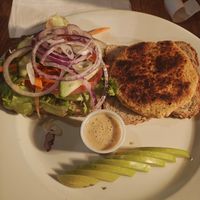 Vegan veggie burger at Waterwheel Cafe in Milford