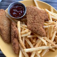 vegan chick’n tenders and fries with bbq sauce  at Baby's in Indianapolis