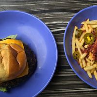 Single patty impossible burger (meh) and talbott street fries (terrible) at Baby's in Indianapolis