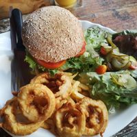 Lentil burger with salad, fries and onion rings, large portion, comes in awholewheat bun at Zest Bakery & Coffee House in Koh Tao