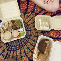 mid-e platter, tofu reuben sandwich made vegan, lavender lemon poppyseed cake at The Grit in Athens