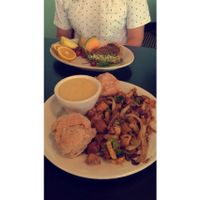 my tofu & veggies w/ vegan biscuits & grits + Sara's quiche at The Grit in Athens