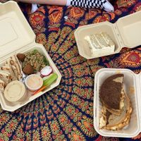 rueben, lavender cake, and med bowl at The Grit in Athens