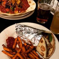 Vegan gyro with sweet potato fries and “mondo” burrito at The Grit in Athens