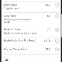 Menu at Indian Zaika in Armidale