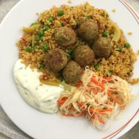 One of my favorite Mensa dishes: falafel with vegan garlic dip at Studierendenwerk Mensa Harburg in Hamburg