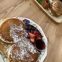 Vegan pancakes and vegan burger  at The Highlanders Bakehouse  in Crathie