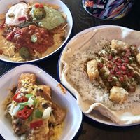 Nachos, sharing hash brown bars and soya keema kebab. All excellent!  at The Adelphi in Preston