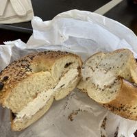 Toasted everything bagel with vegan cream cheese  at Bagel Boss in Jericho