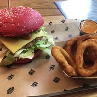 Californian Star Burger, Onion Orbits & Spicy Sauce. :) at Space Burger in Vienna