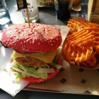 Californian Star Burger with Sweet Sun Fries and Ketchup at Space Burger in Vienna