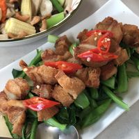 Kale and “pork belly"  at Shewe Vegan & Vegetarian Cafe in Chiang Mai