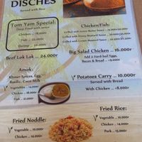 Menu  (the V sign stands for vegetarian, so do ask if it's vegan) at Rega Guesthouse & Restaurant in Kep