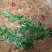 Jeon made with acorn powder, chicory, red pepper, and mushrooms at Dotori Kalguksu in Seoul