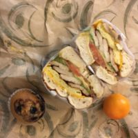 Vegan sandwich (tofu bacon, avocado, tomato, "cheese" on a bagel) plus a small blueberry muffin and clementine at UT47 Manhattan in New York City