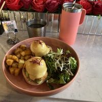 Vegan Salmon Eggs Benedict with iced oat milk latte  at UT47 Manhattan in New York City